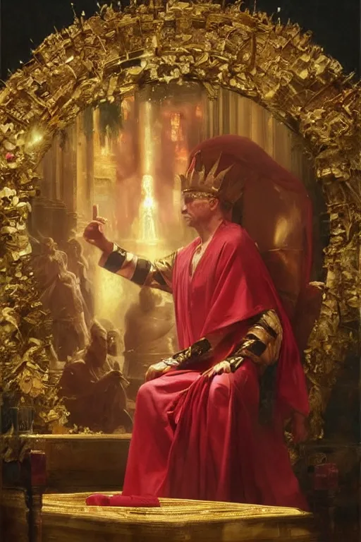 Image similar to beautiful oil painting, steve buscemi in royal crimson robes enthroned as the god emperor of ancient rome a golden wreath upon his head, by anders zorn, wonderful masterpiece by greg rutkowski, beautiful cinematic light, american romanticism, by thomas lawrence, greg rutkowski