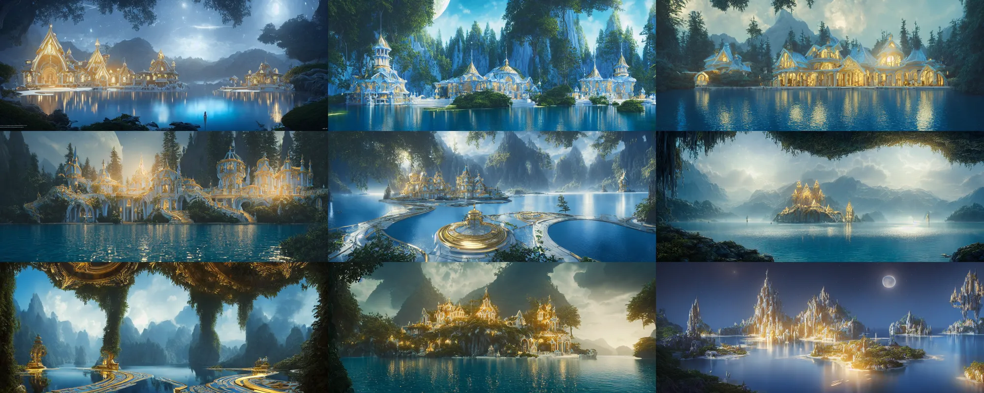 Prompt: a gorgeous symmetrical paradise palace, starlit, lakes, fantasy, fairy tale, artstation, matte painting, artstation, octane render, caleb worcester, samuel beal. ultra clear detailed. white, deep blue and light gold color scheme.