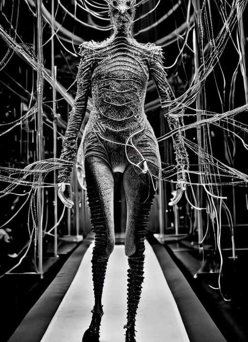 Prompt: walking down the catwalk, steven klein, show, stage, vogue photo, podium, fashion show photo, iris van herpen, beautiful woman, full body shot, masterpiece, inflateble shapes, alien, giger, plant predator, guyver, jellyfish, wires, veins, white biomechanical details, wearing epic bionic cyborg implants, highly detailed