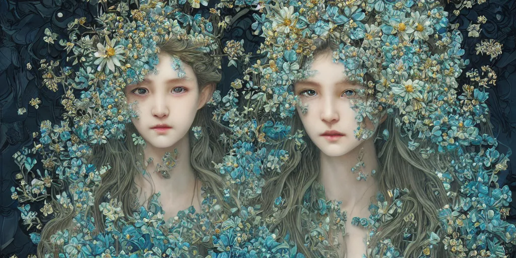 Image similar to breathtaking detailed concept art painting of the goddesses of nemophila flowers, orthodox saint, with anxious, piercing eyes, ornate background, amalgamation of leaves and flowers, by Hsiao-Ron Cheng, James jean, Miho Hirano, Hayao Miyazaki, extremely moody lighting, Black paper, cut paper texture, Full of light-blue and silver and white layers, 8K