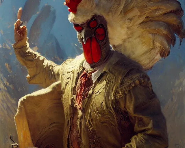 Prompt: a scary man dressed as a chicken, highly detailed painting by gaston bussiere, craig mullins, j. c. leyendecker 8 k