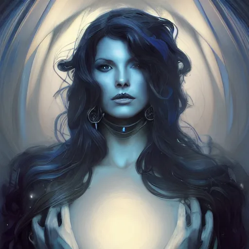 Image similar to Kimberly Kane is a hue created with swirls of black gouache, hopeless grey, and a daub of cold blue, intricate, highly detailed, digital painting, artstation, concept art, smooth, sharp focus, illustration, Unreal Engine 5, 8K, art by artgerm and greg rutkowski and alphonse mucha, fantasy epic digital art, epic fantasy card game art