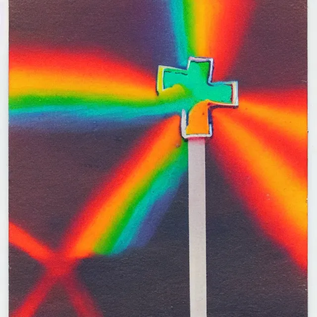 Image similar to burning cross, fire in rainbow colors, polaroid