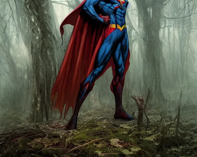 Image similar to 5 5 mm portrait photo of a demonic undead superman in a magical forest. magical atmosphere. art by greg rutkowski and luis royo. highly detailed 8 k. intricate. lifelike. soft light. nikon d 8 5 0.