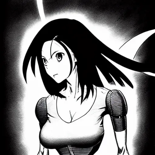 Image similar to alita by yukito kishiro. medium shot. black and white manga. pencil drawing.