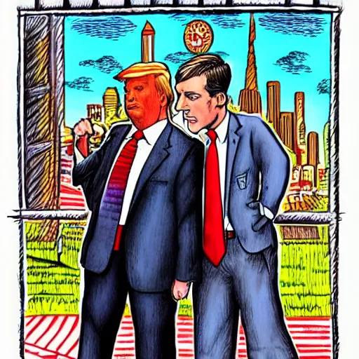 Image similar to !dream The Artwork of R. Crumb and his Cheap Suit Donald Trump and Jared Kushner, pencil and colored marker artwork, trailer-trash lifestyle