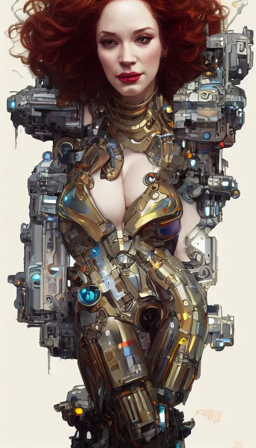 Image similar to portrait of christina hendricks as a robot, cyberpunk machine, machine face, robed, upper half portrait, decorated, intricate intense elegant highly detailed digital painting artstation concept art smooth sharp focus illustration, art by artgerm and greg rutkowski alphonse mucha 8 k