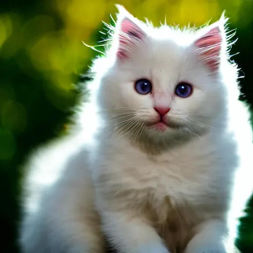 Image similar to an adorable smol fluffy white kitten with green eyes at golden hour, bokeh,