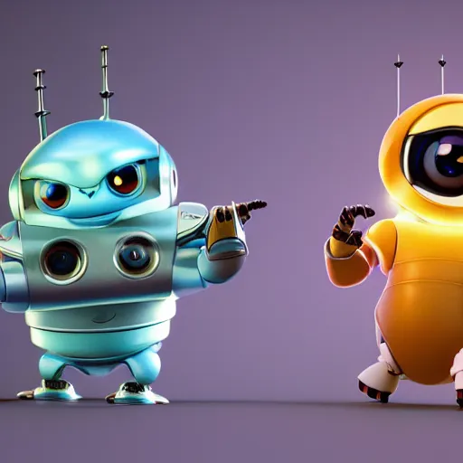 Image similar to two small chubby bots, hyperdetailed colourful, smooth panelling, intricate detail, holding, single eye, style of cute pokemon, rusty arms, antenna, gerbil, floating, white studio, mechanical, cute toy, wall - e, ambient light, in the style of pixar animation, pokedstudios,, blender, octane render, 8 k,