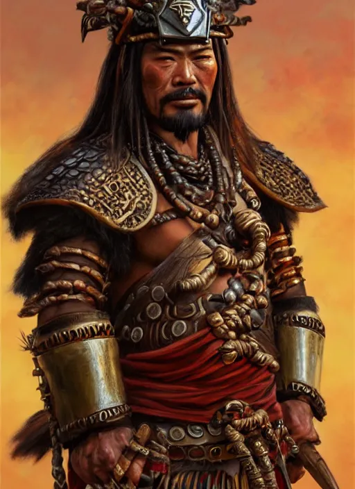 Image similar to tai warlord, portrait, historical, ethnic group, traditional costume, leather armor, fantasy, intricate, with dong son bronze artifacts, beads cross onbare chest, elegant, loin cloth, highly detailed, oill painting, artstation, concept art, matte, sharp focus, illustration, hearthstone, art by earl norem