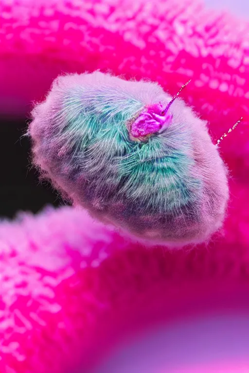 Image similar to high quality close-up photo pearlescent fluffy caterpillar! gorgeous highly detailed hannah yata elson peter cinematic pink lighting high quality low angle hd 8k sharp shallow depth of field