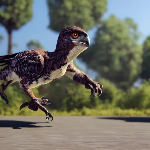 Prompt: a feathered raptor running after birds. octane render unreal engine