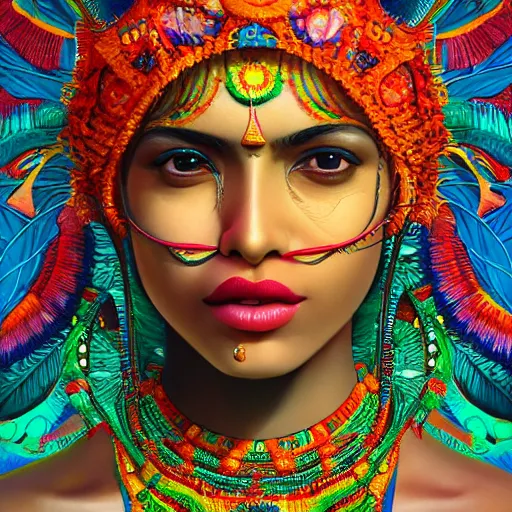 Image similar to the face of a ridiculously beautiful and pretty indian woman partially made of onion rings of all colors looking down, an ultrafine detailed illustration by james jean, final fantasy, intricate linework, bright colors, behance contest winner, vanitas, angular, altermodern, unreal engine 5 highly rendered, global illumination, radiant light, detailed and intricate environment