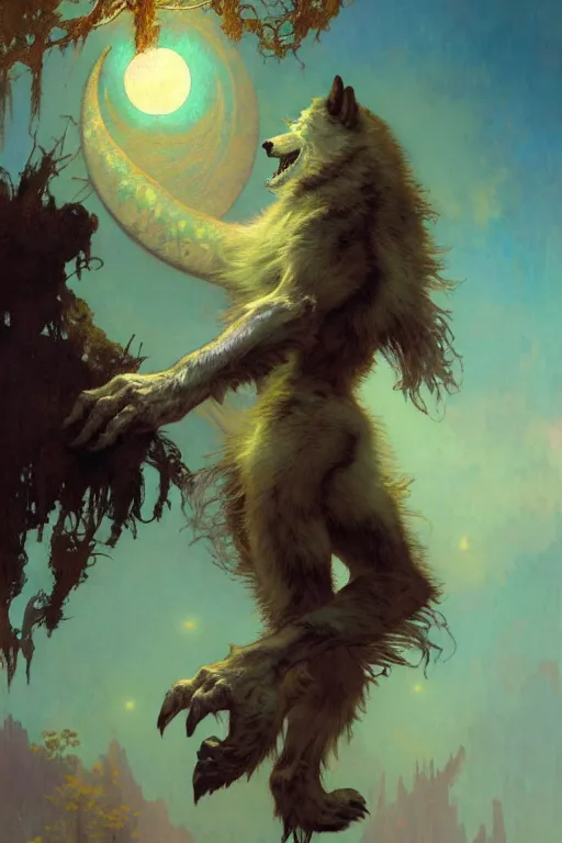 Image similar to pearlescent turquoise moon, wolf monster, character design, painting by gaston bussiere, craig mullins, greg rutkowski, alphonse mucha, trending on artstation