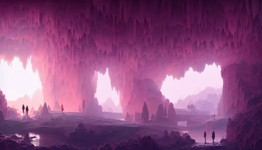 Prompt: highly detailed matte painting of a glistening crystal cave by atey ghailan, by greg rutkowski, by greg tocchini, by james gilliard, by joe fenton, pink, brown, black and light blue color scheme, octane render