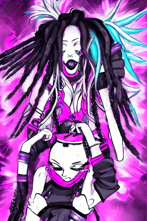 Prompt: portrait of an cybergoth girl with pink and black dreads laying on the floor of her room on ipad, manga, manga art, manga character concept art, vaporwave colors, lo - fi colors, vaporwave, lo - fi, moody vibe, goth vibe, 4 k, hd,
