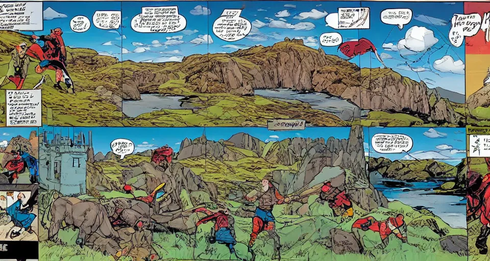 Image similar to a full page comic book panel of the beautiful scottish highlands