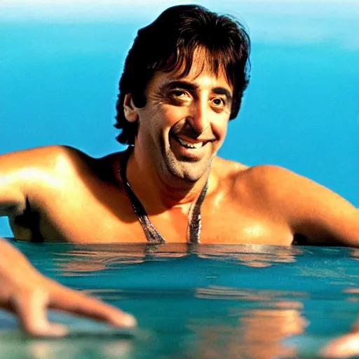 Prompt: al pacino scarface hot tub scene, except he is smiling at a computer monitor, a pc computer floats in the water nearby