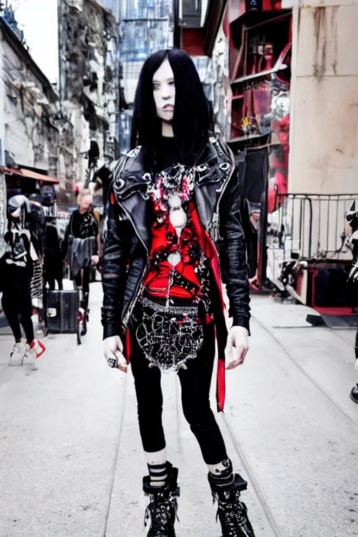 Image similar to cute black-and-red haired goth girl, goth look and clothes, chrome hearts, hyper-maximalist, highly-detailed and intricate, Rick Owens, trending on r/streetwear, outfit photo, we see them from head to toe