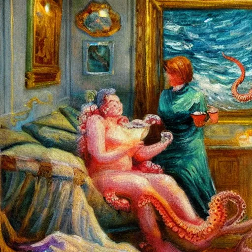 Image similar to an impressionist painting, The Queen of the Sea waves and her devoted servant octopus drink tea,