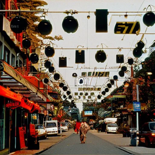 Image similar to award winning photo by fred herzog of a street in vancouver, shops, signs