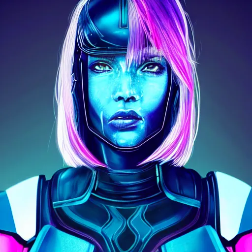 Image similar to a stunning upper body portrait of a beautiful young woman wearing futuristic navy blue and teal battle bodyarmor with pauldrons and inset glowing fine neon lines and ombre purple and pink hairstyle with hair blowing in the wind, by marvel comics, highly detailed, fine detail, intricate, digital art, trending on artstation