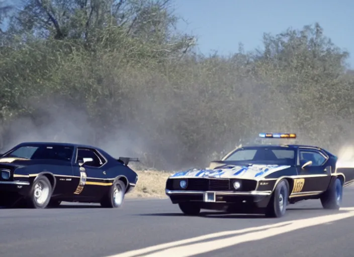 Image similar to retro picture of a black camaro mach 1 being chased by a police car on a dusty road, sunny day