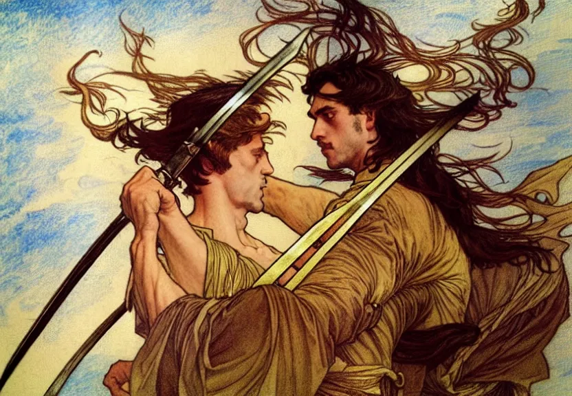 Image similar to a golden swordsman wielding two swords leans back as he dances elegantly in the wind, his robes and long hair flowing in the breeze, his enemies lying on the ground below, fantasy, Mucha, MTG, Game of Thrones, salsa dancing, Rossetti, Millais, anatomically correct