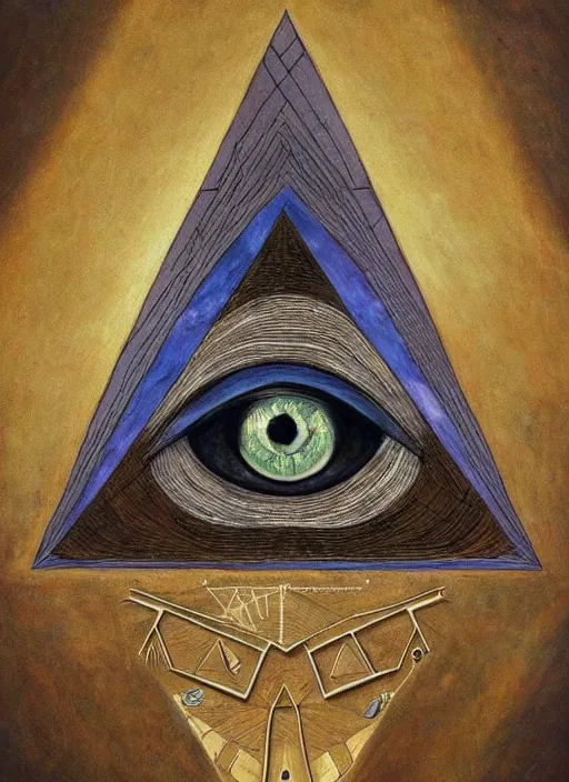 Prompt: illuminati pyramid with an eye floating on top of it, hyper detailed 8k realistic painting by Hilma At Klint, trending on artstation