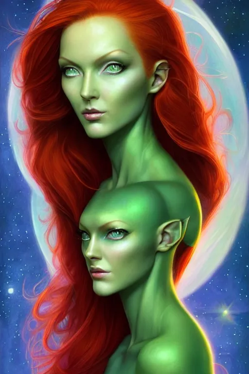 Image similar to Redhead Pleiadian alien human beautiful hybrid feminine woman, with stunning green eyes, cute symmetrical round face and a roundish nose, as a retro futuristic heroine, gorgeous digital painting, artstation, concept art, smooth, sharp focus, illustration, art by artgerm and donato giancola and Joseph Christian Leyendecker, Ross Tran, WLOP