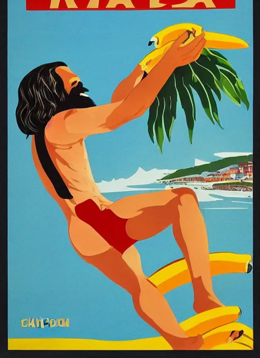 Image similar to soviet tourism poster for a beach resort depicting charles manson slipping on a banana peel