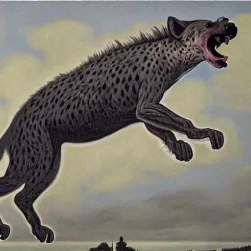 Image similar to escher oil painting of a giant hyena made of electricity, leaping through the sky, apocalyptic