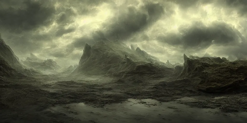 Image similar to photorealistic strange concept art of ship build from dinosaur bones, by katrina van grouw and bruce mahalski. an epic landscape, with ominous storm clouds, a gentle rising mist. occult photorealism, uhd, amazing depth, glowing, golden ratio, 3 d octane cycle unreal engine 5, volumetric lighting, cinematic lighting, cgstation artstation concept art
