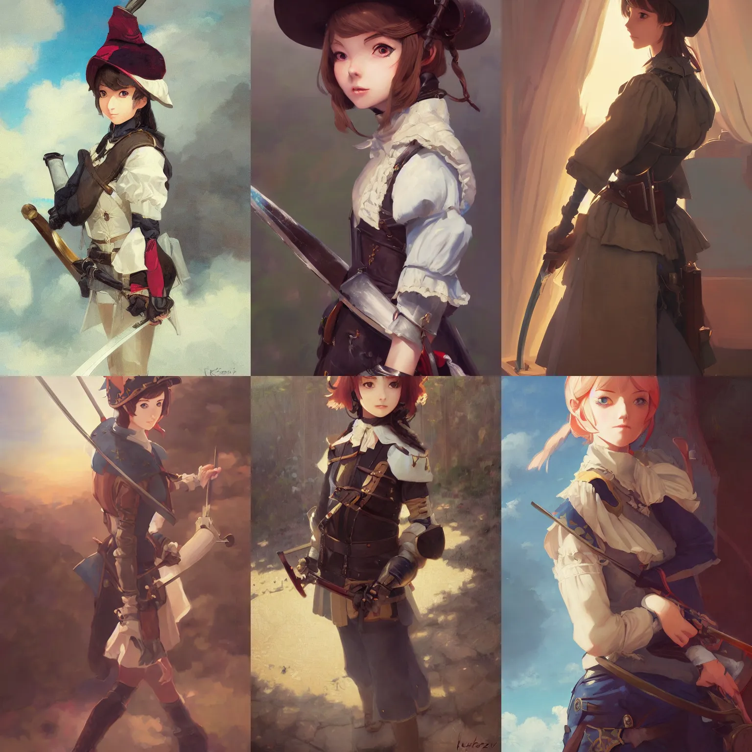 Prompt: a portrait of a cute young female musketeer, historical setting, vivid colors, soft lighting, atmospheric, cinematic, moody, in the style of Ilya Kuvshinov and Range Murata, Krenz Cushart, rule of thirds, oil on canvas, 8k