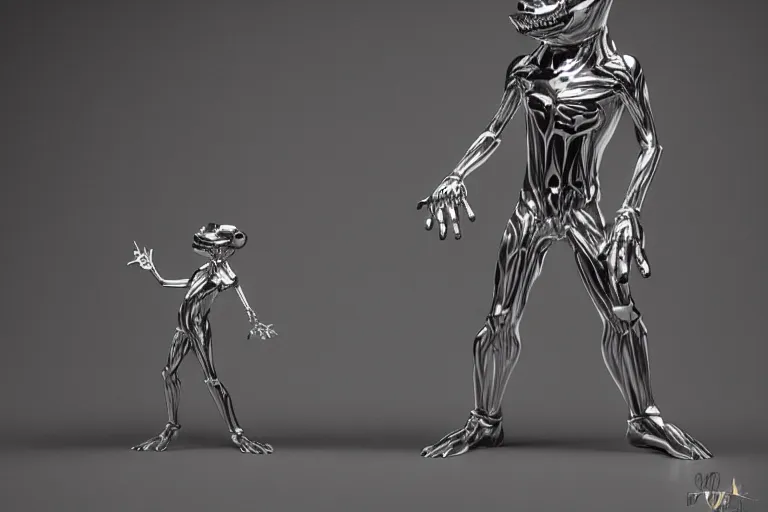 Image similar to stylized shiny polished silver statue full body extra limbs bizarre cosmic horror demonic demon made of marble of disney character mickey mouse, perfect symmetrical body, perfect symmetrical face, hyper realistic, hyper detailed, by johannen voss, by michelangelo, octane render, blender, 8 k, displayed in pure white studio room