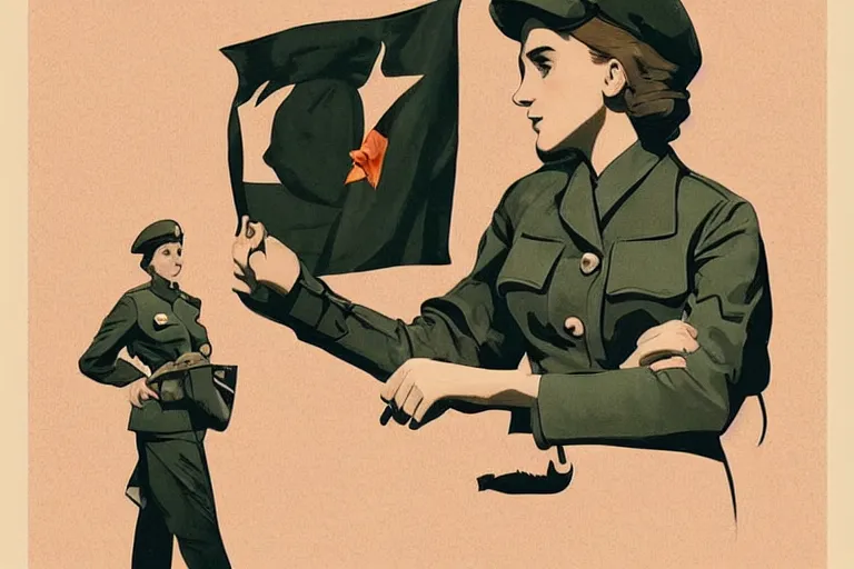 Image similar to communist Propaganda poster Emma Watson saluth in WW2 uniform by moebius and atey ghailan by james gurney by vermeer by George Stubbs full body full body full body full body trending on artstation vector art vector art vector art vector art inspirational