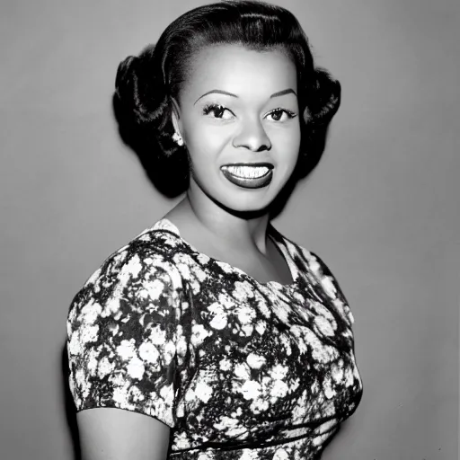 Prompt: this image is a vintage 1 9 5 0 s photograph of a black actress. she is standing in front of a brick wall, and her head is tilted slightly to the side. she is wearing a dress with a print of flowers, and her hair is styled in a pompadour.