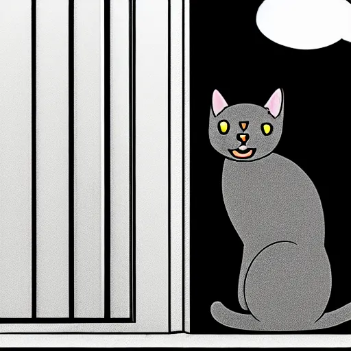 Prompt: illustration of a cat meowing in front of a door. creepy horror by Junji Ito.