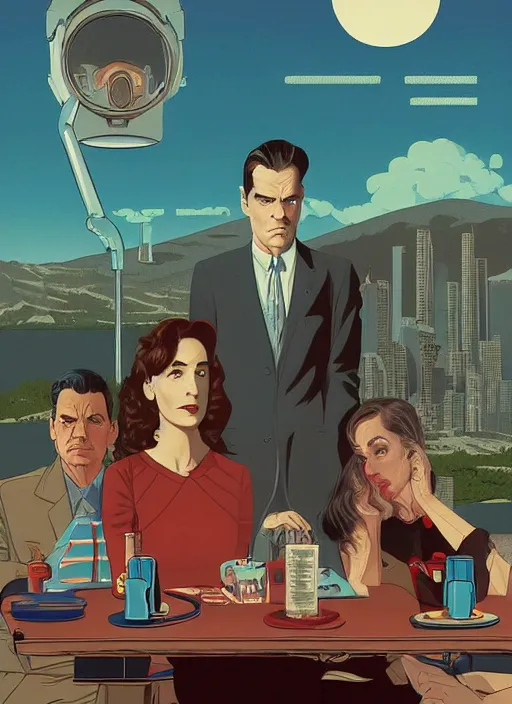 Image similar to Twin Peaks art, of Michael Shannon dressed as mechanic talking to Jennifer Connelly wearing light blue diner waitress dress, poster artwork by Tomer Hanuka, Sam Weber, Laurent Durieux, Katherine Lam from scene from Twin Peaks, from scene from Twin Peaks, clean, New Yorker magazine cover