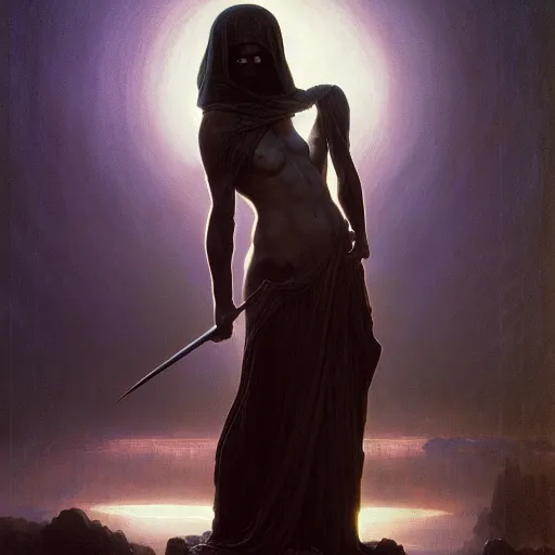 Image similar to awe-inspiring award-winning concept art painting of attractive figure in black shrouds as the goddess of the moonbow, rainbow, by Michael Whelan, William Adolphe Bouguereau, John Williams Waterhouse, and Donato Giancola, cyberpunk, extremely moody lighting, glowing light and shadow, atmospheric, shadowy, cinematic, 8K,