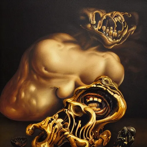 Image similar to refined gorgeous blended oil painting with black background by christian rex van minnen rachel ruysch dali todd schorr of a chiaroscuro portrait of an extremely bizarre disturbing mutated man with shiny skin acne dutch golden age vanitas intense chiaroscuro cast shadows obscuring features dramatic lighting perfect composition masterpiece