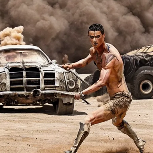 Image similar to cristiano ronaldo playing the drums in mad max fury road ( 2 0 1 5 ), movie still,