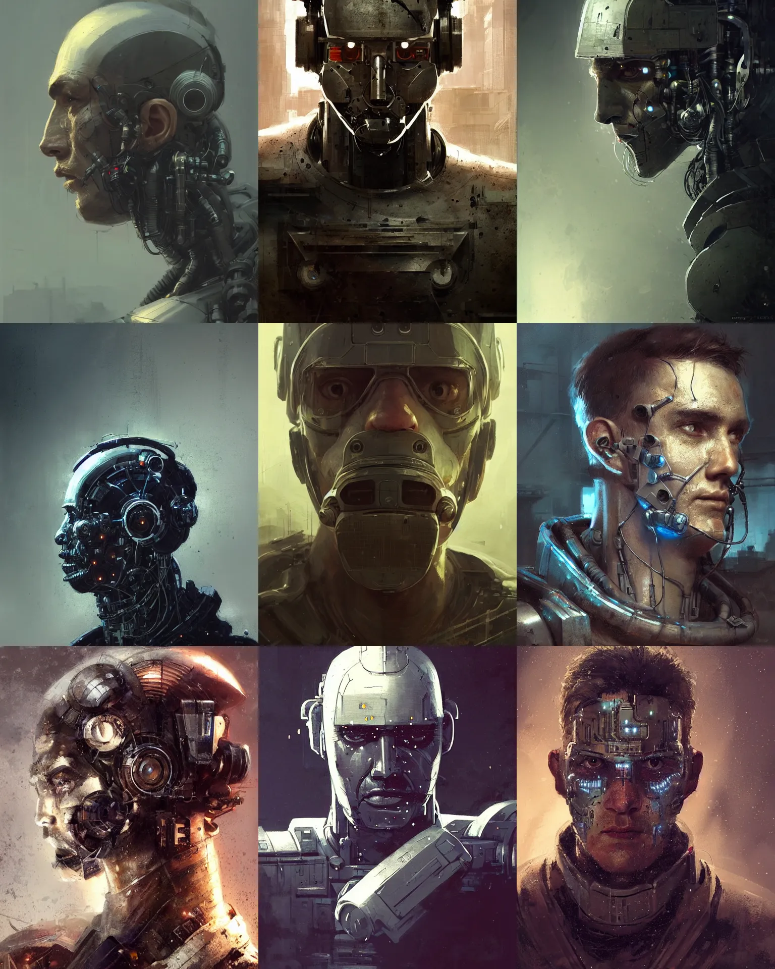 Prompt: a halfmasked rugged laboratory engineer man with cybernetic enhancements as seen from a distance, scifi character portrait by greg rutkowski, craig mullins, 1 / 4 headshot, cinematic lighting, dystopian scifi outfit, profile picture, mechanical, cyborg, half robot