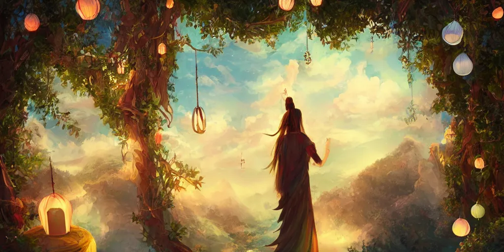 Image similar to painting of wind god enjoying the view from his heavenly palace, decorated with windchimes and paper lanterns, stunning nature in background, digital art trending on artstation