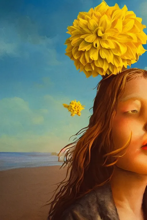 Prompt: closeup girl with huge yellow dahlia flower under face, on beach, surreal photography, blue sky, sunrise, dramatic light, impressionist painting, digital painting, artstation, simon stalenhag