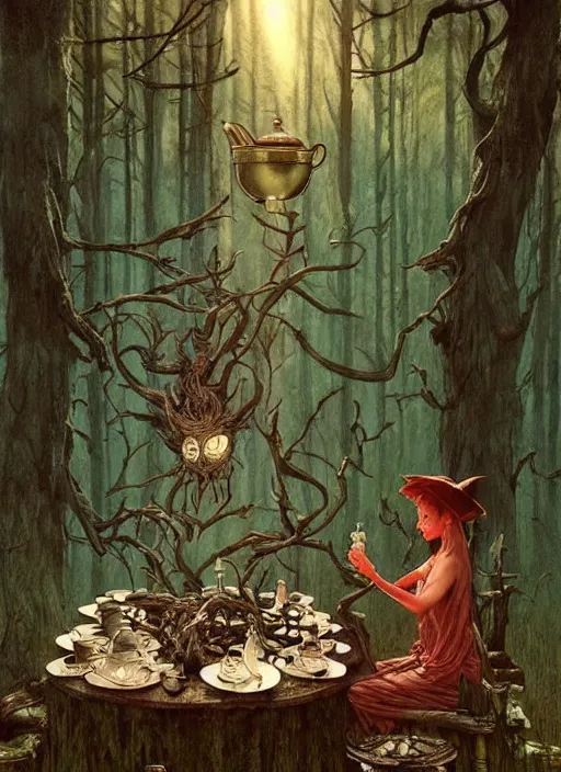 Image similar to witch having tea at a shrine in the woods gorgeous lighting, lush forest foliage a hyper realistic painting by chiara bautista and beksinski and norman rockwell and greg rutkowski weta studio, and lucasfilm