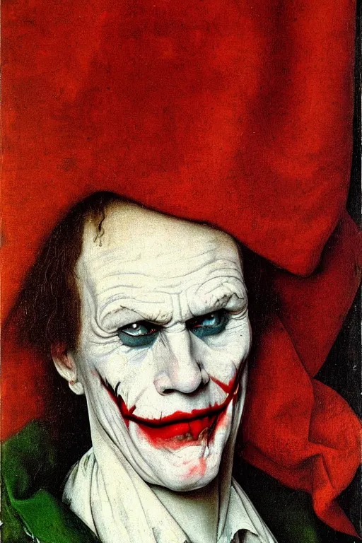 Prompt: portrait of the joker, oil painting by jan van eyck, northern renaissance art, oil on canvas, wet - on - wet technique, realistic, expressive emotions, intricate textures, illusionistic detail