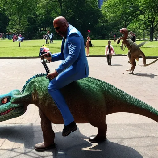 Image similar to steve harvey riding a dinosaur in central park