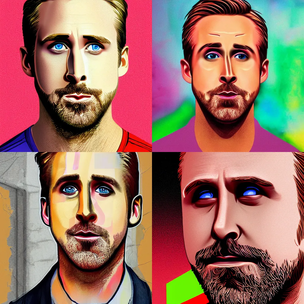 Prompt: realistic detailed face portrait of Ryan Gosling as Pepe , brutalism, juicy colors
