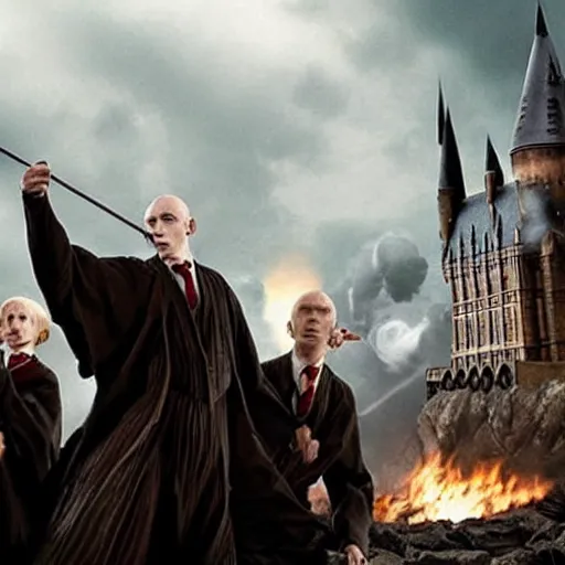 Image similar to The photo of Harry Potter teaming up with the Voldemort and attacking Hogwarts. Movie scene, dark scene.